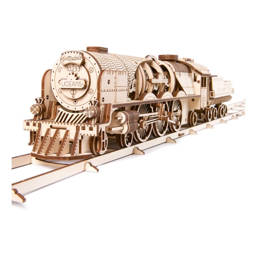 Ugears - Puzzle 3D mécanique en bois V-Express locomotive à vapeur avec tender