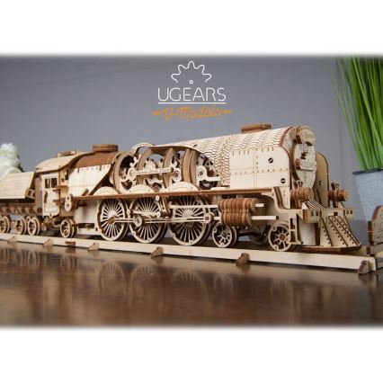 Ugears - Puzzle 3D mécanique en bois V-Express locomotive à vapeur avec tender