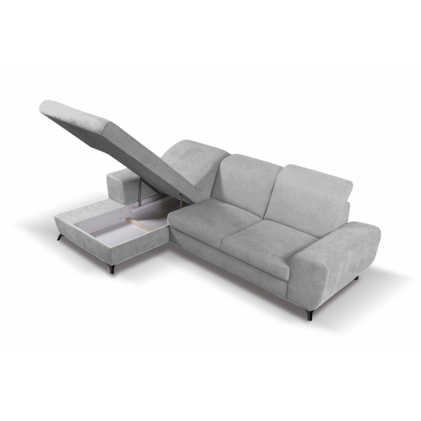 L-vormige gestoffeerde hoekbank ALTA met slaapfunctie en opbergruimte, links, grijs