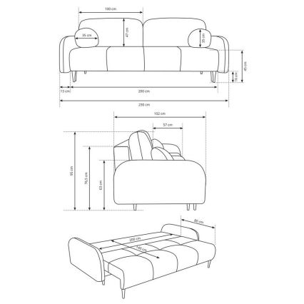 Uitklapbare gestoffeerde driezitsbank CLOUDY crème