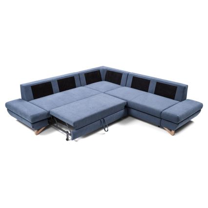 Uitschuifbare L-vormige gestoffeerde hoekbank met opbergruimte AVESTA, blauw