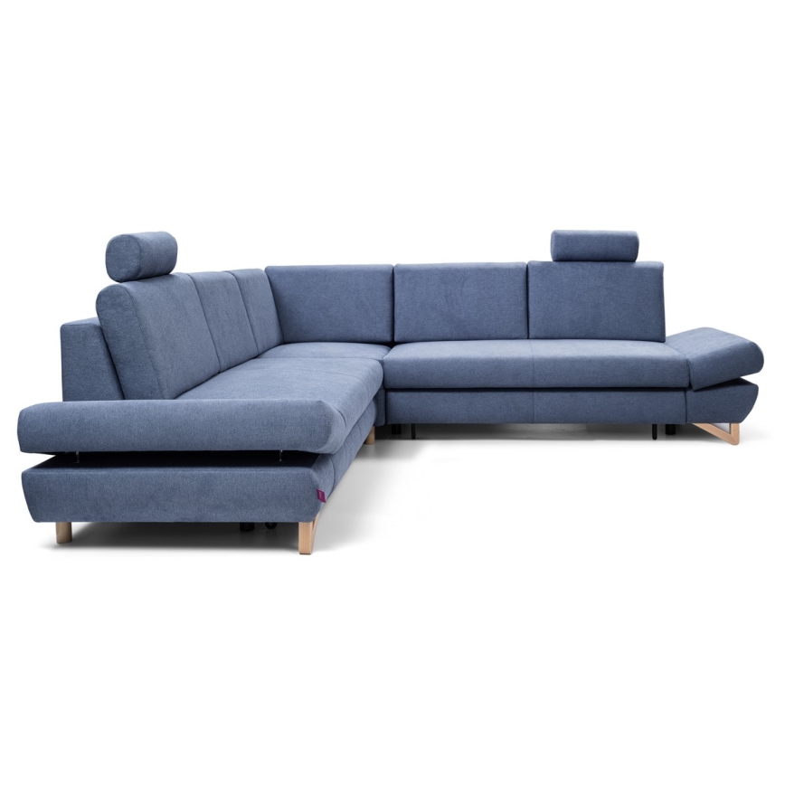 Uitschuifbare L-vormige gestoffeerde hoekbank met opbergruimte AVESTA, blauw