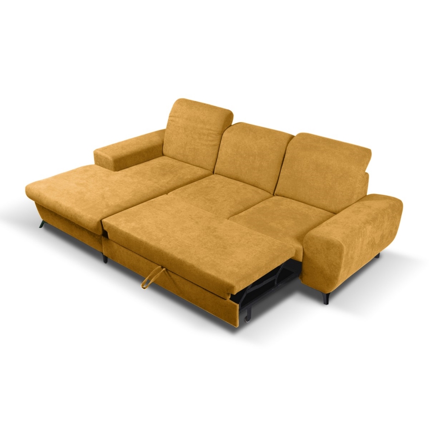 Uitschuifbare gestoffeerde L‑vormige hoekbank met opbergruimte ALTA, links, geel