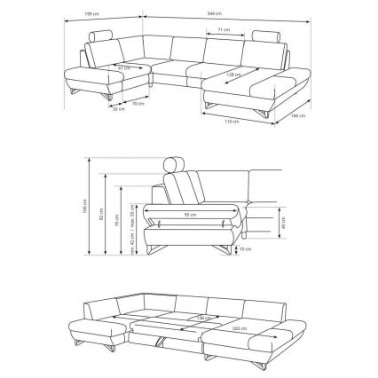 Uitklapbare gestoffeerde U-vormige hoekbank met opbergruimte AVESTA grijs