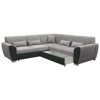 L-vormige hoekbank VISEU met slaapfunctie en opbergruimte, rechts, grijs/zwart