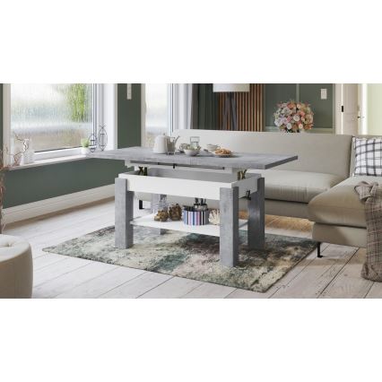 Uitschuifbare salontafel/eettafel met plank ADONIS grijs beton/wit