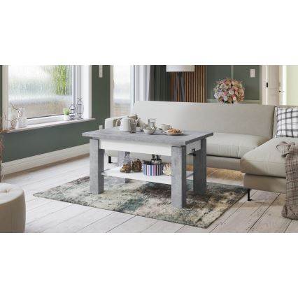 Uitschuifbare salontafel/eettafel met plank ADONIS grijs beton/wit
