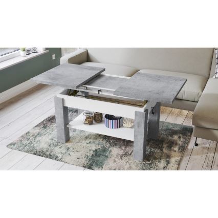 Uitschuifbare salontafel/eettafel met plank ADONIS grijs beton/wit