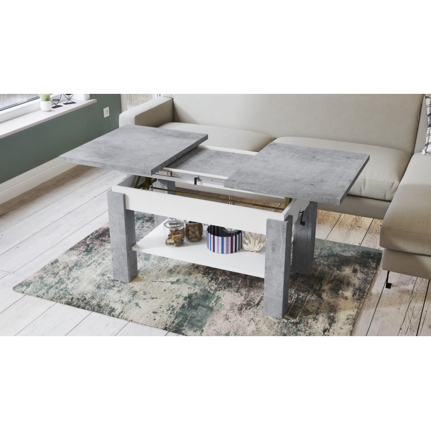 Uitschuifbare salontafel/eettafel met plank ADONIS grijs beton/wit