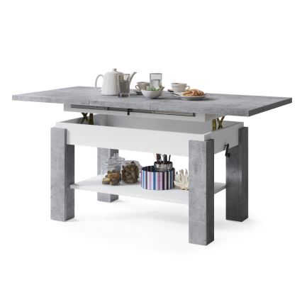 Uitschuifbare salontafel/eettafel met plank ADONIS grijs beton/wit