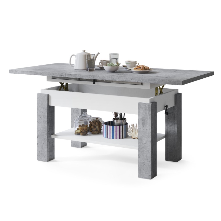 Uitschuifbare salontafel/eettafel met plank ADONIS grijs beton/wit