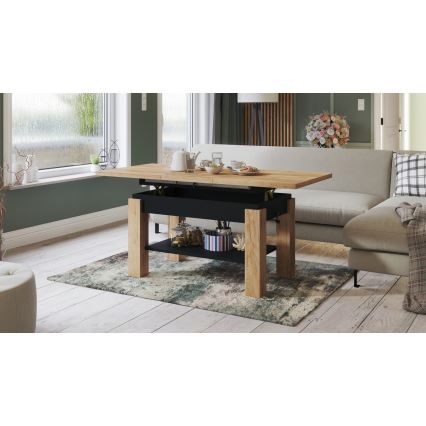 Uitschuifbare salontafel/eettafel met plank ADONIS eiken craft/zwart
