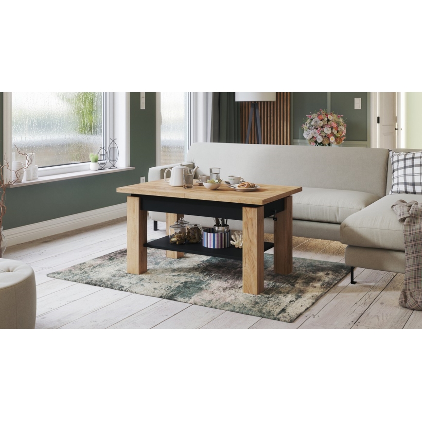Uitschuifbare salontafel/eettafel met plank ADONIS eiken craft/zwart