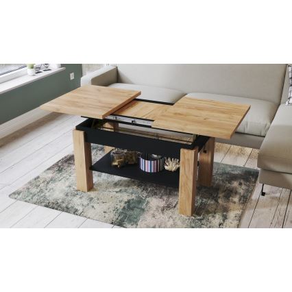 Uitschuifbare salontafel/eettafel met plank ADONIS eiken craft/zwart