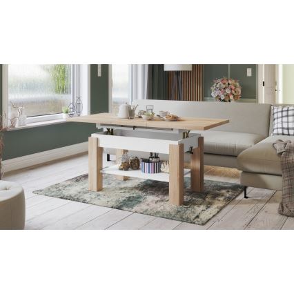 Uitschuifbare salontafel/eettafel met plank ADONIS eik sonoma/wit