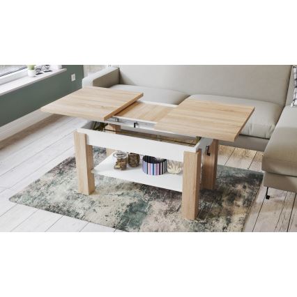 Uitschuifbare salontafel/eettafel met plank ADONIS eik sonoma/wit