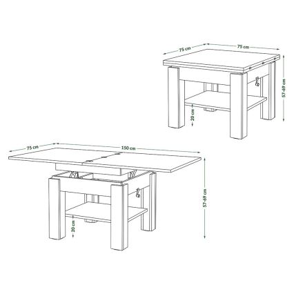 Uitschuifbare salontafel/eettafel met opklapbaar blad CALEB grijs beton/wit