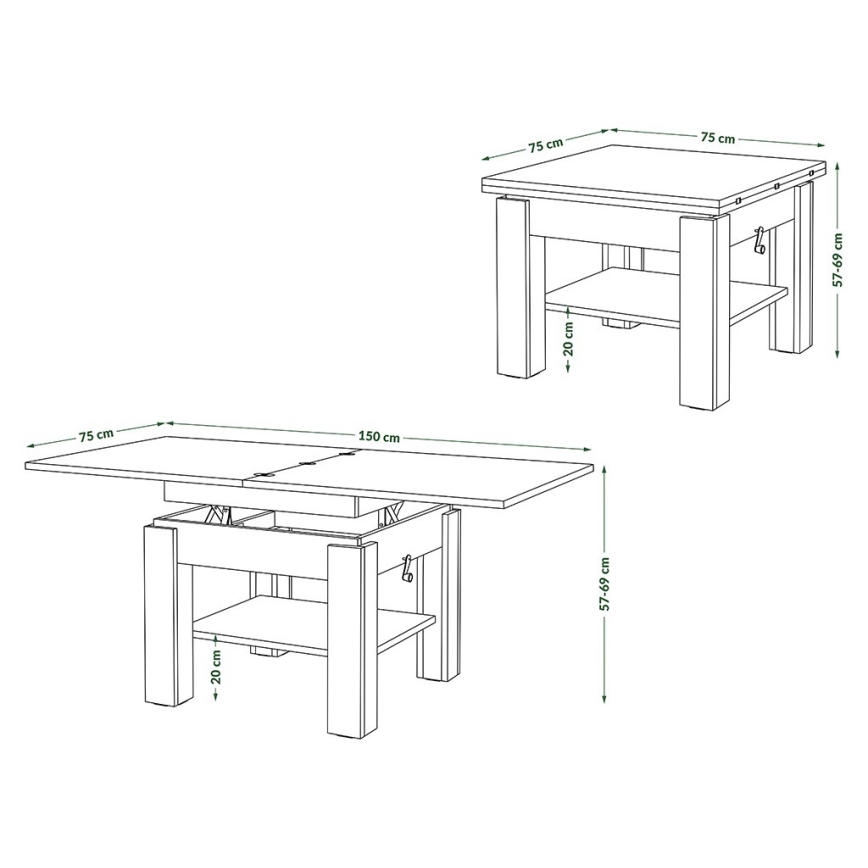 Uitschuifbare salontafel/eettafel met hefblad CALEB eiken craft/zwart