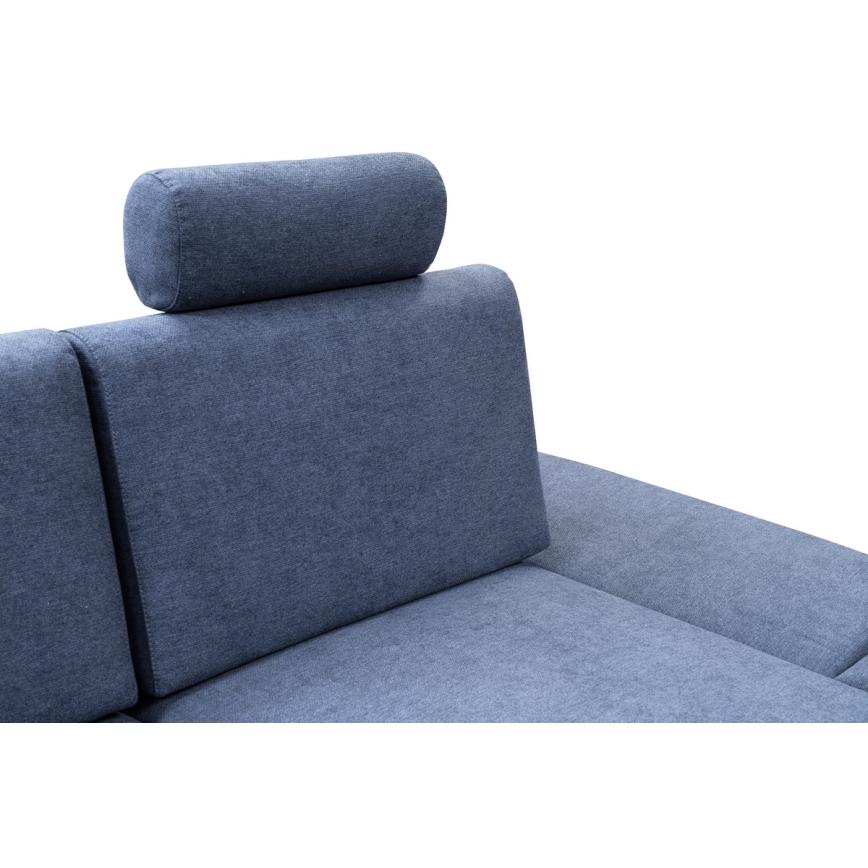 Uitklapbare gestoffeerde hoekbank AVESTA, L-vormig, met opbergruimte, rechts, blauw