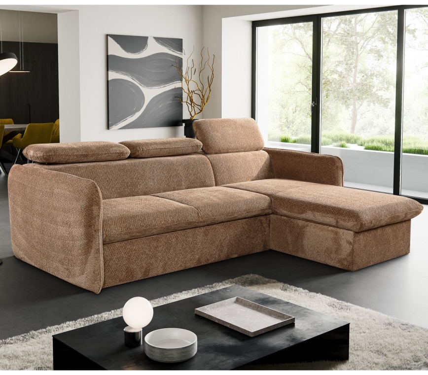 Uitschuifbare hoekbank in L-vorm met opbergruimte BEJA beige rechts