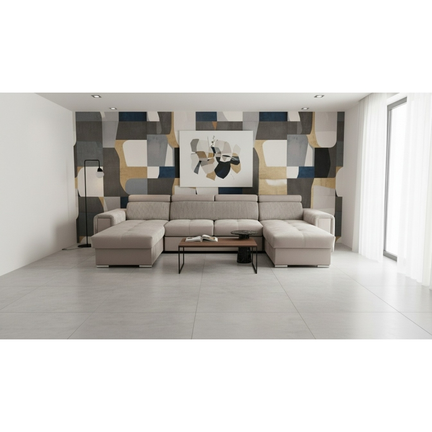 Uitklapbare hoekbank SALVADA met omkeerbare U-hoek en opbergruimte, beige