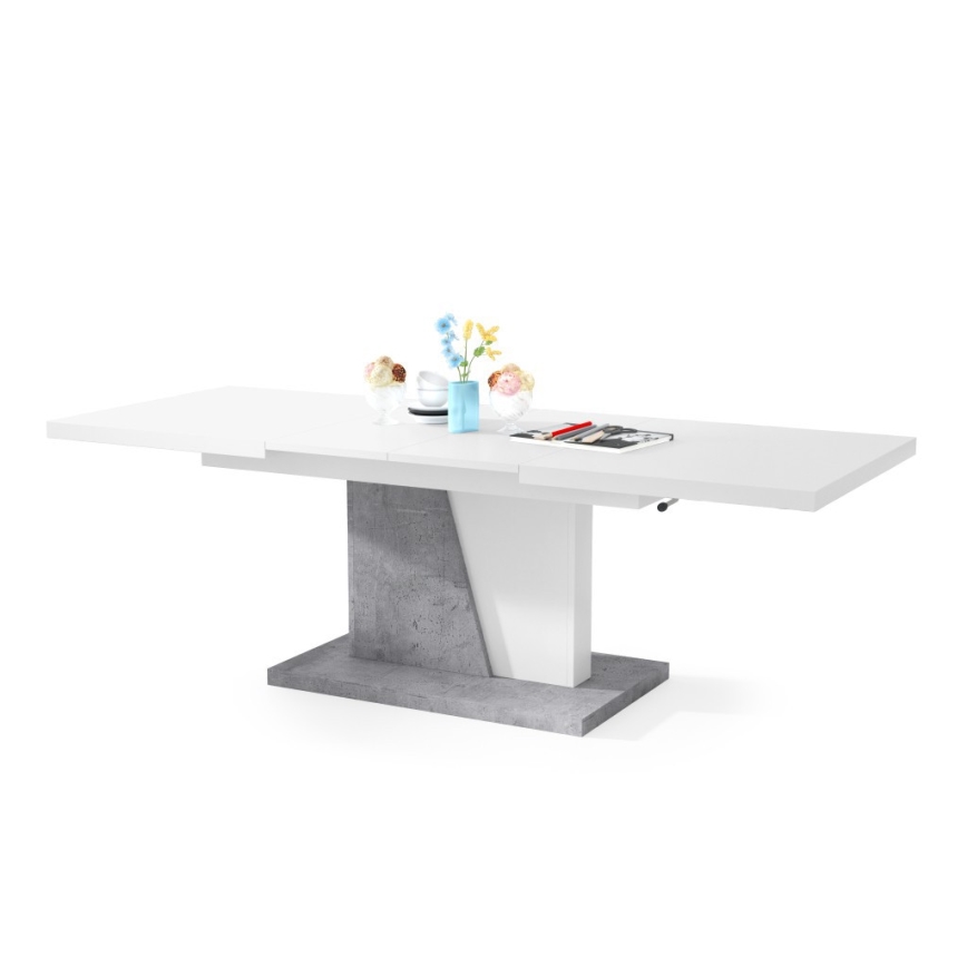 Uitschuifbare salontafel/eettafel met opklapbaar blad NINO wit/grijs beton