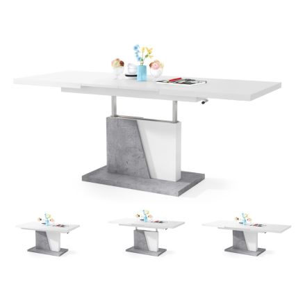 Uitschuifbare salontafel/eettafel met opklapbaar blad NINO wit/grijs beton
