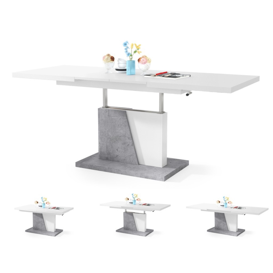 Uitschuifbare salontafel/eettafel met opklapbaar blad NINO wit/grijs beton