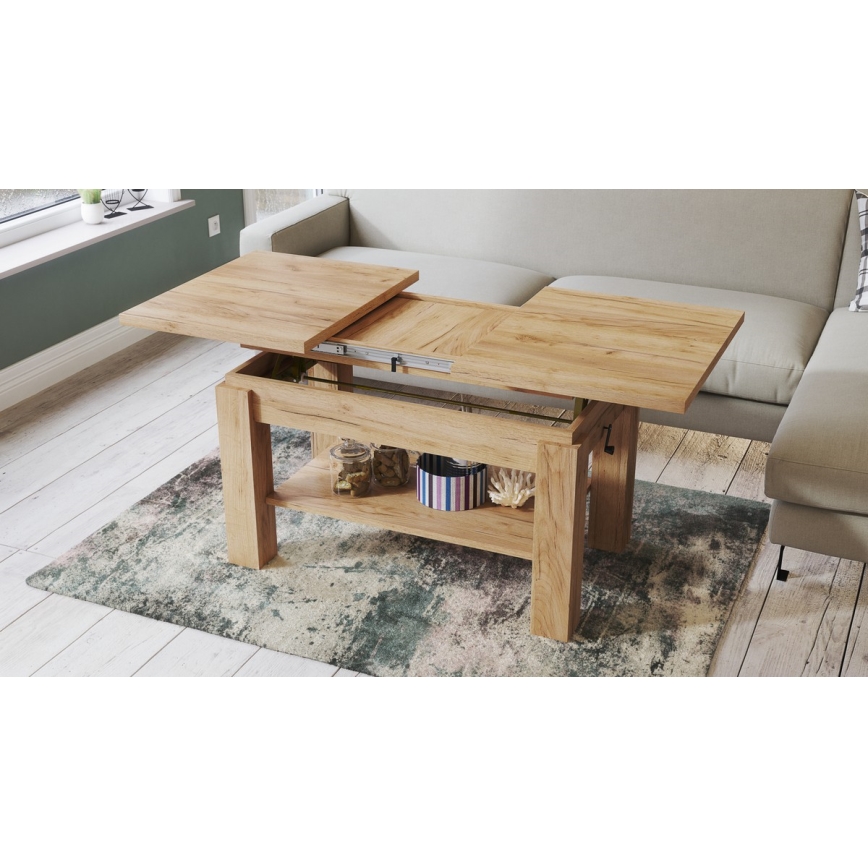 Uitschuifbare salontafel/eettafel ADONIS met plank, eiken craft