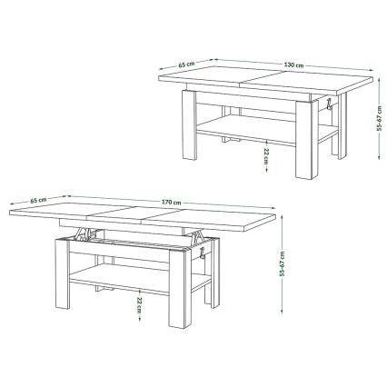 Uitschuifbare salontafel/eettafel met hefbaar tafelblad ROY wit