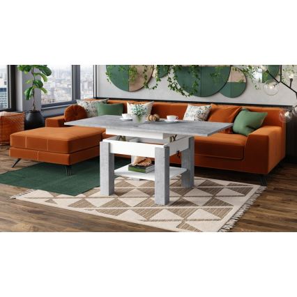 Uitschuifbare salontafel/eettafel met hefblad CALEB betongrijs/wit