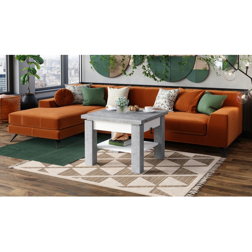 Uitschuifbare salontafel/eettafel met hefblad CALEB betongrijs/wit