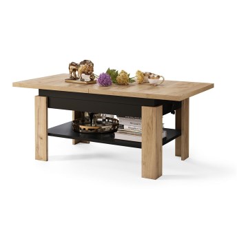 Uitschuifbare salontafel/eettafel met hefblad ROY eiken craft/zwart