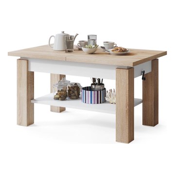 Uitschuifbare salontafel/eettafel met plank ADONIS eik sonoma/wit