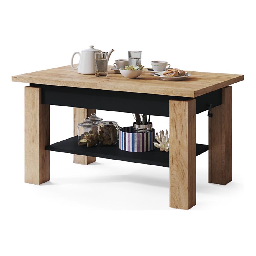 Uitschuifbare salontafel/eettafel met plank ADONIS eiken craft/zwart