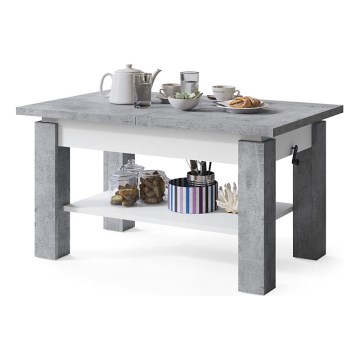 Uitschuifbare salontafel/eettafel met plank ADONIS grijs beton/wit