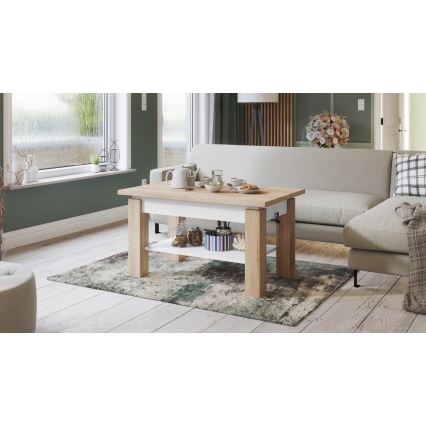 Uitschuifbare salontafel en eettafel ADONIS met opbergplank, Sonoma eik/wit