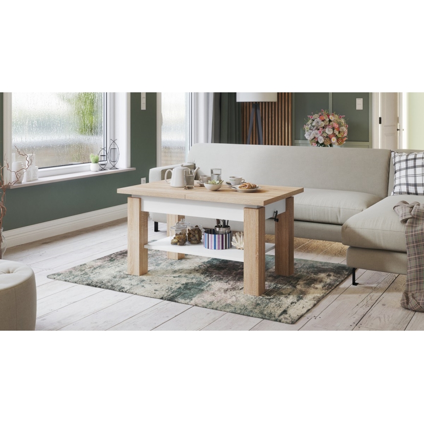 Uitschuifbare salontafel en eettafel ADONIS met opbergplank, Sonoma eik/wit