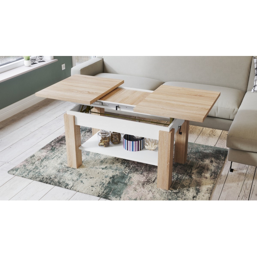 Uitschuifbare salontafel en eettafel ADONIS met opbergplank, Sonoma eik/wit