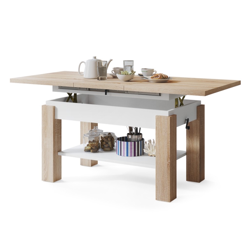 Uitschuifbare salontafel en eettafel ADONIS met opbergplank, Sonoma eik/wit