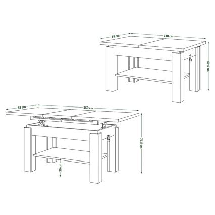Uitschuifbare salontafel en eettafel ADONIS met opbergplank, Sonoma eik/wit