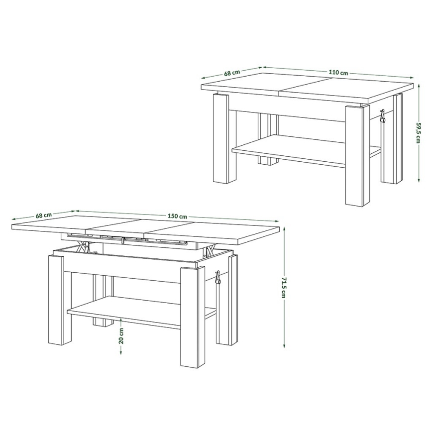 Uitschuifbare salontafel en eettafel ADONIS met opbergplank, Sonoma eik/wit