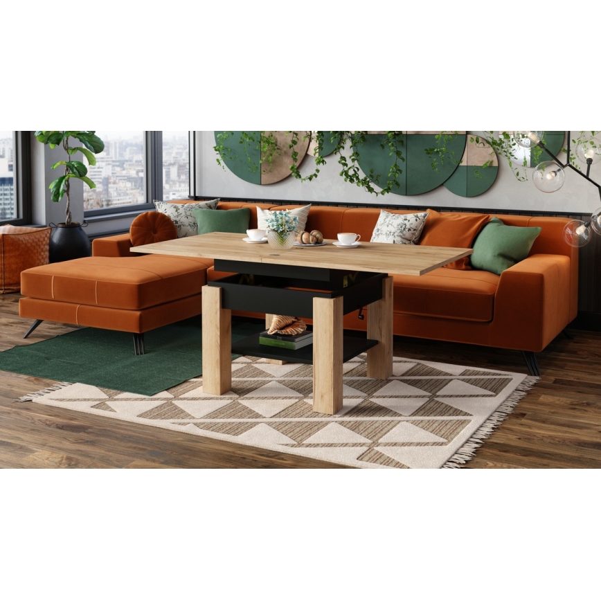 Uitschuifbare salontafel met opklapbaar blad CALEB 75/150x75 cm eik craft/zwart