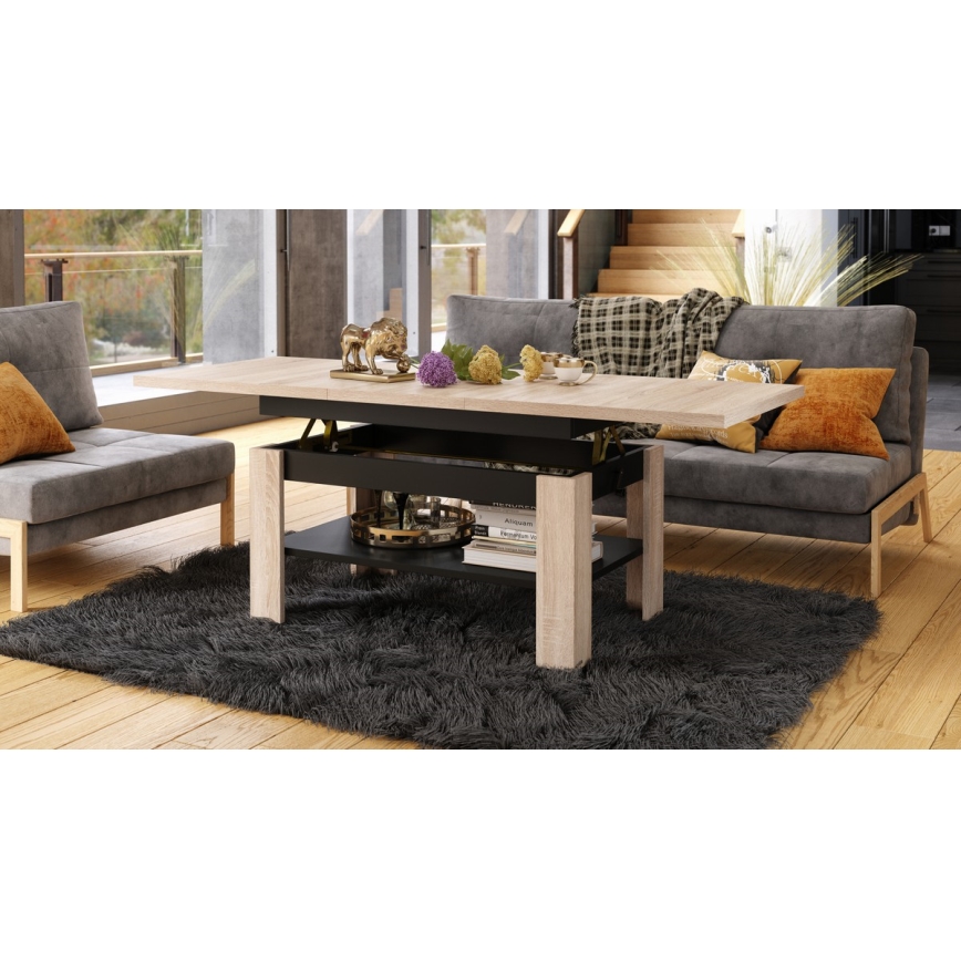 Uitschuifbare salontafel met opklapbaar blad ROY 130/170x65 cm sonoma eik/zwart