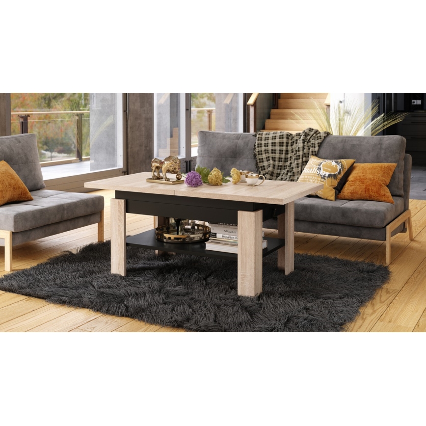 Uitschuifbare salontafel met opklapbaar blad ROY 130/170x65 cm sonoma eik/zwart