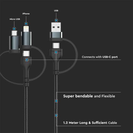 USB / USB Lightning / MicroUSB / USB-C 1,2m zwart