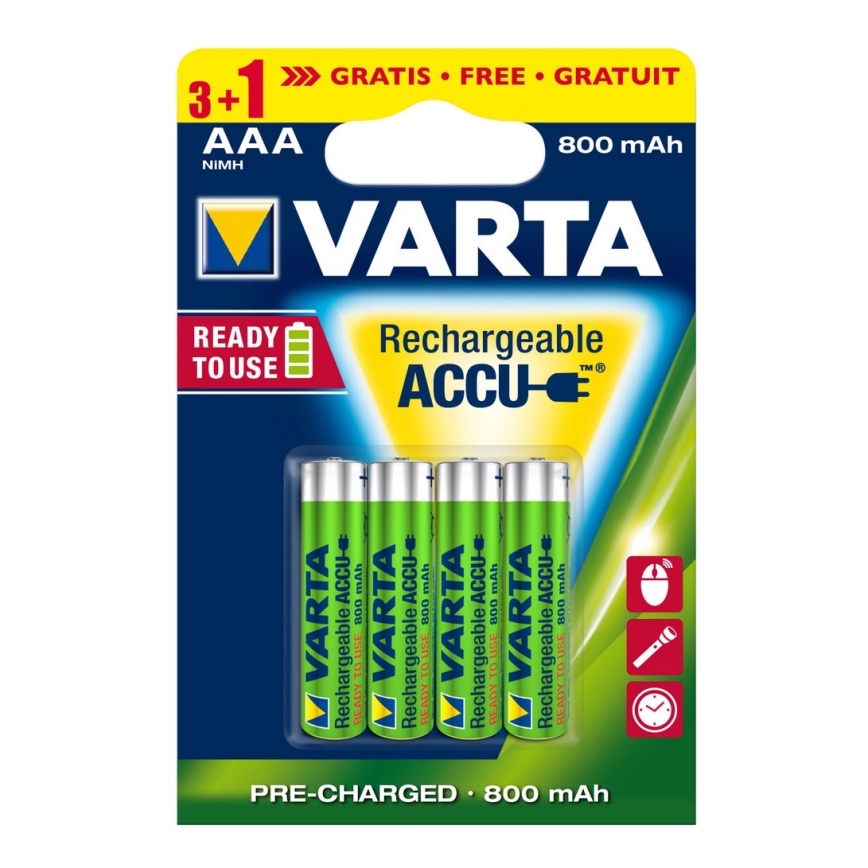 VARTA Piles rechargeables AAA, lot de 4, Recharge Accu Power, 800 mAh  Ni-MH, sans effet mémoire, préchargées, prêtes à l'emploi : Varta:  : High-Tech