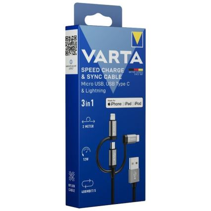 Varta 57937101111 - Câble USB 3en1 avec connecteur Lightning et Micro USB 2m
