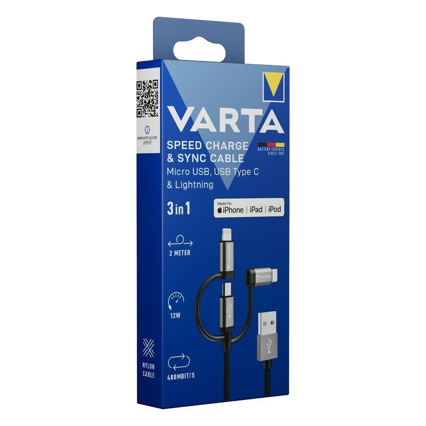 Varta 57937101111 - Câble USB 3en1 avec connecteur Lightning et Micro USB 2m