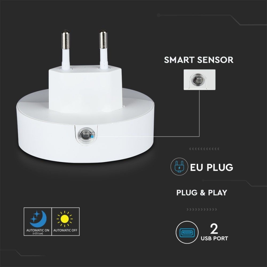 Veilleuse à brancher avec détecteur de crépuscule 2xUSB LED/0,45W/230V 3000K